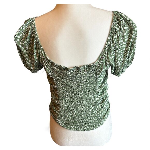 H&M Women's Sage Green Ditsy Floral Puff Sleeve Ruched Drawstring Top Size Large - Picture 6 of 16